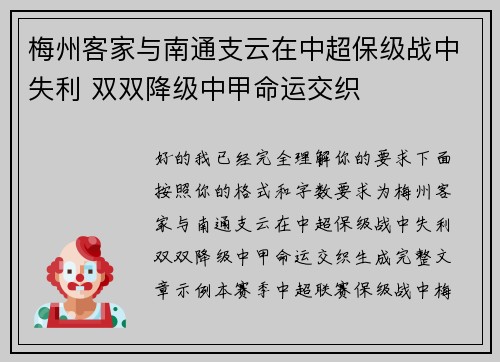梅州客家与南通支云在中超保级战中失利 双双降级中甲命运交织